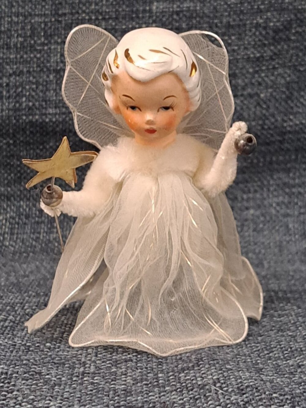 CHARMING CHRISTMAS ANGEL ANTIQUE DECOR W HAND PAINTED FACE HOLDING STAR 4" T